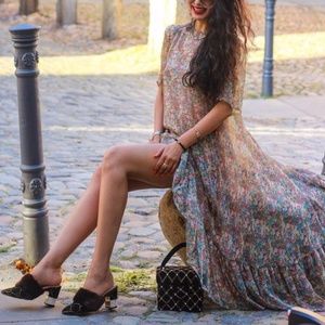 NEW Zara Sheer Floral Asymmetric Ruffle Midi Dress